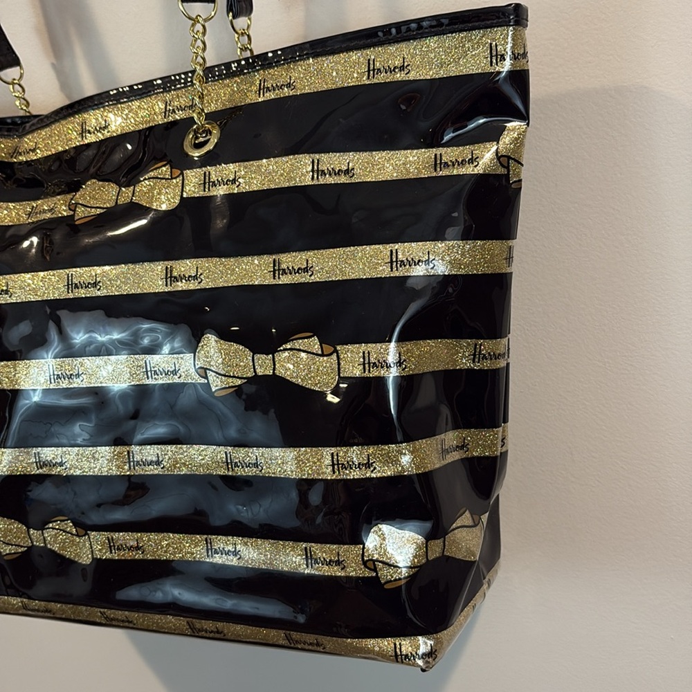 Harrods Black Patent Leather Gold Glitter Bow Large Tote - Picture 5 of 13